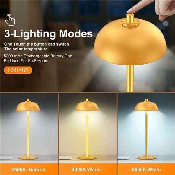 Rechargeable Cordless Table Lamp,5200mAh Battery Dimmable Outdoor Portable(Gold) - Picture 6 of 6
